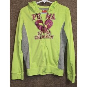 Puma Girls Zip Hoodie Sweatshirt Green‎ Pink Glitter Logo GUC Y2K Size 6X